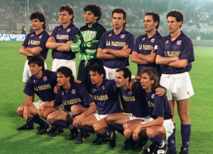 Football, UEFA Cup Final, Second Leg, Florence, Italy, 16th May 1990, Fiorentina 0 v Juventus 0 (Juventus win 3-1 on aggregate), The Fiorentina team pose together for a group photograph, Back Row L-R: Antonio Dell'Oglio, Lubos Kubik, Marco Landucci, Celestic Pin, Sergio Battistini, Renato Buso, Front Row L-R: Carlos Dunga, Alberto Di Chiara, Roberto Baggio, Giuseppe Volpecina and Marco Nappi  (Photo by Bob Thomas/Getty Images)